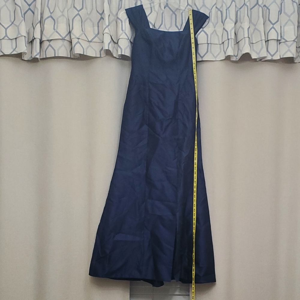 NWT ALFRED SUNG Off-The-Shoulder Bow Back Satin Trumpet Gown in Midnight Navy - Picture 5 of 12
